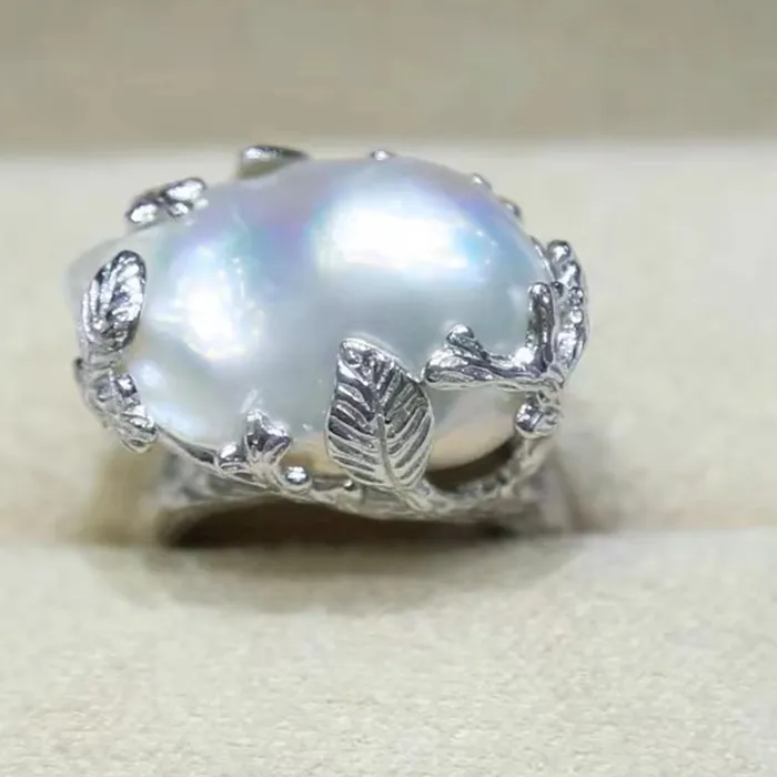 Authentic Aurora Baroque Pearl Ring Open- Mouth Adjustable Sterling Silver Talisman Of Iridescent Light