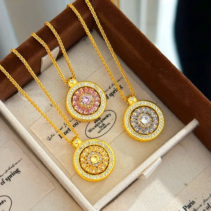 Authentic 9999 24K Real Gold Diamond Rotatable Colorful Zircon Eight Treasures Compass Pendant Sweater Chain Necklace