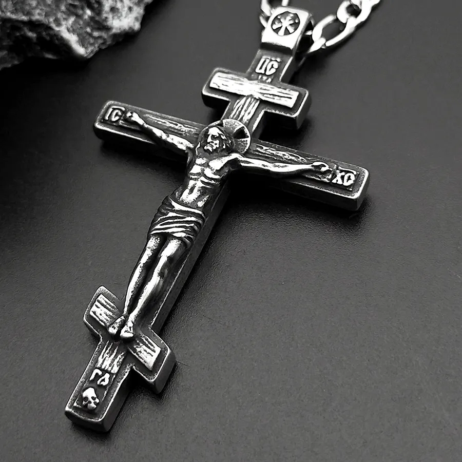 Authentic Orthodox Jesus Cross Pendant Necklace Silver Color Crucifix Baptism Hip Hop Chain Jewelry