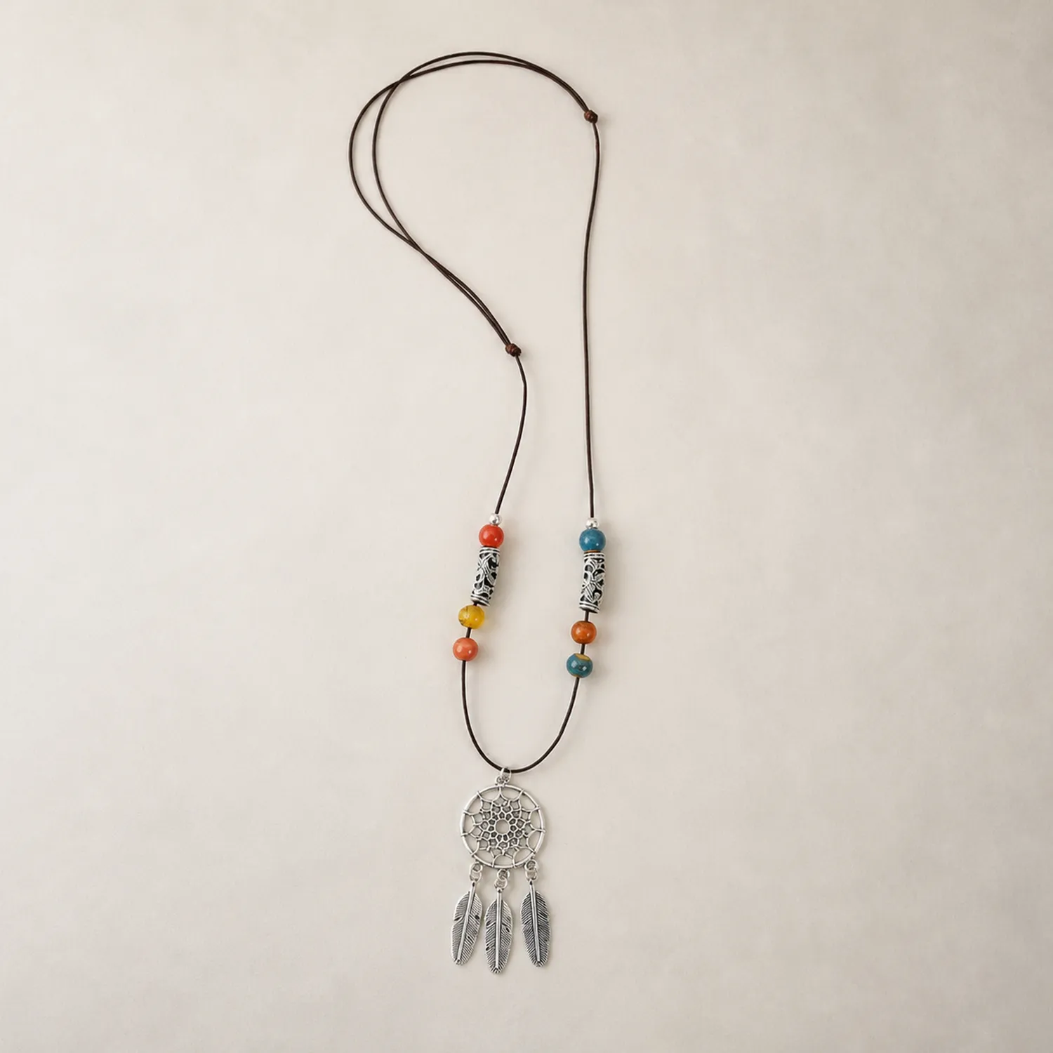 Authentic Handmade Ceramic Bead Necklace Waxed Cord Handwoven Mesh Pendant Adjustable Artisan Statement Jewelry 608P3- 04