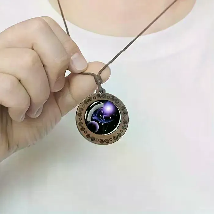 Authentic Celestial Zodiac Pendant Handcrafted Wooden Glass Amulet Of The Stars