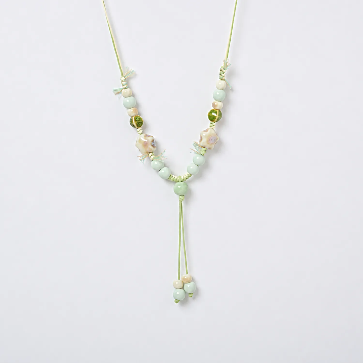 Authentic Green Fluorescent Handmade Ceramic Necklace Handwoven Waxed Cord Star Beads Adjustable Pendant Artisan Jewelry 608P1- 16