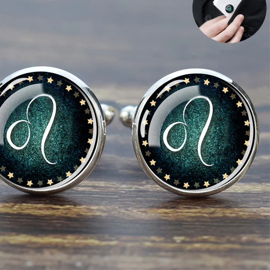 Authentic 12 Constellations Cufflinks For Zodiac Sign Glass Dome Shirt Cuff Links 1 Pair Jewelry Birthday