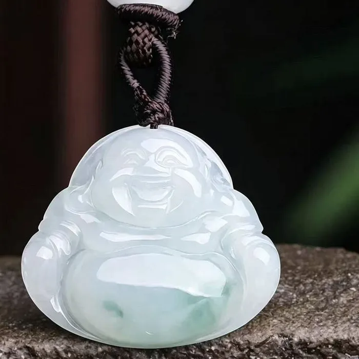Authentic Natural Jadeite A- Grade Pendant With Flower Pattern, Maitreya Buddha And