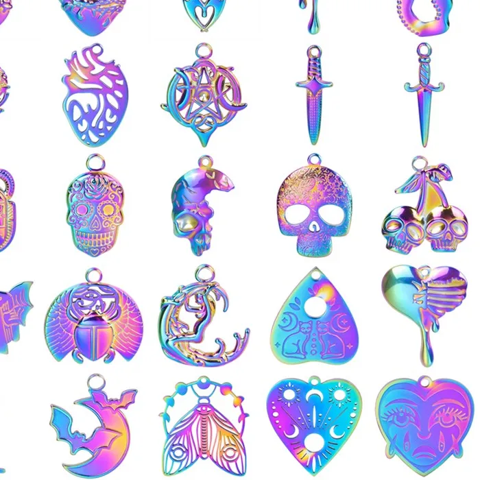 Authentic No Fade Rainbow Colored Heart Moon Skull Pendant Diy Jewelry Making Supplies Witch Accessories Charms