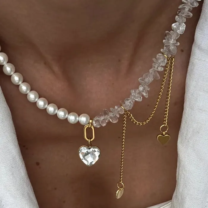 Authentic Crystal Heart Pendant Necklace Boho Imitation Pearl & White Stone Chain Jewelry Valentine's N0528