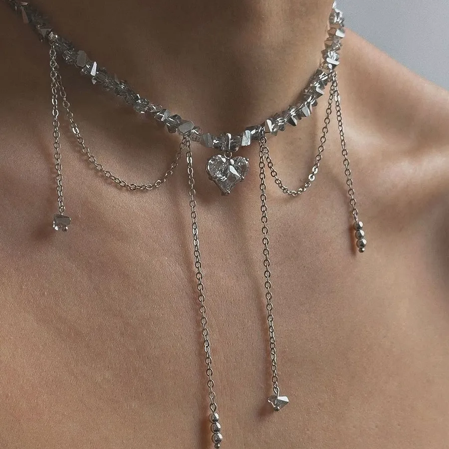 Authentic Boho Geometric Transparent Crystal Jewelry Sexy Zircon Heart Pendant Tassel Necklace Neelry