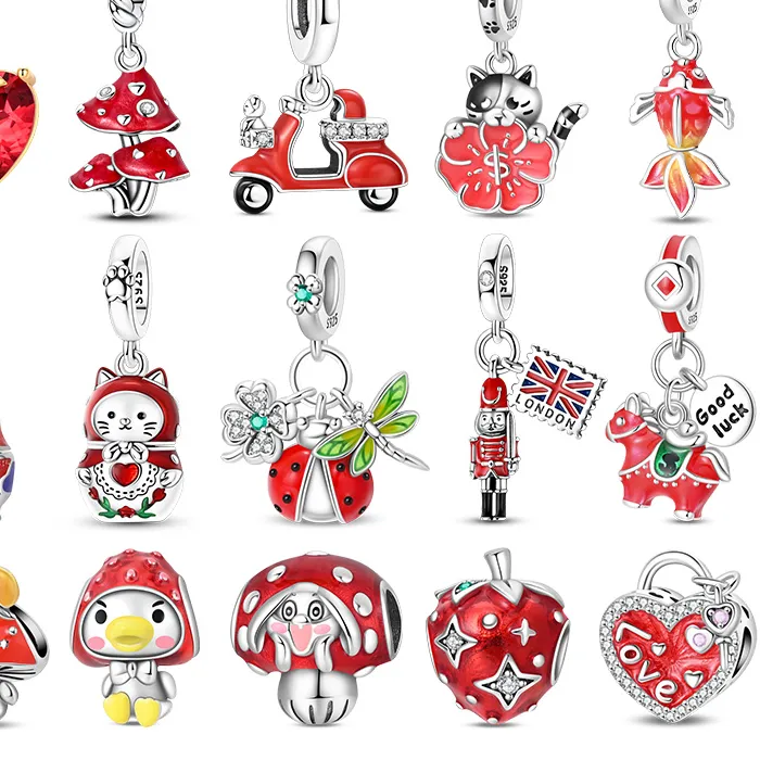 Authentic Red Series Cat Ladybug Silver Charms Beads Fit Original Bracelet Bag Keychain Earring Bead Pendant Diy Jewelry