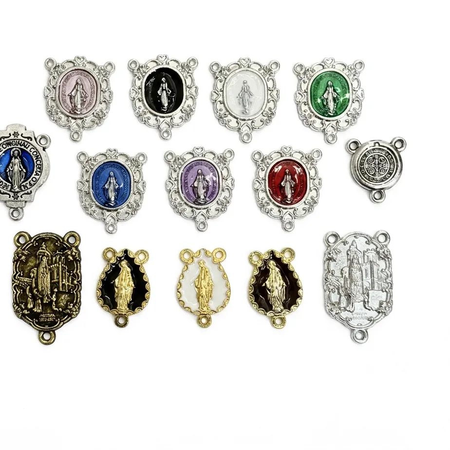 Authentic 10Pcs Enamel Catholic Rosary Center 3 Hole Connectors Miraculous Medal For Diy Prayer Beads Jewelry Findings