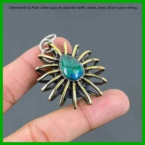Authentic Throat Chakra Chrysocolla Stone Cage Pendant - 18K Gold Plated Sterling Silver Throat Chakra Talisman