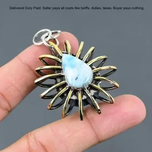 Authentic 925 Sterling Silver Larimar Gemstone Cage 18K Gold Plated Throat Chakra Pendant