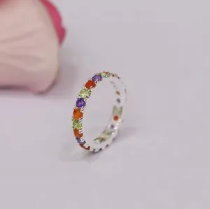 Authentic Multi Gemstone Chakra Engagement 925 Sterling Silver Dainty Weeding Promise Ring