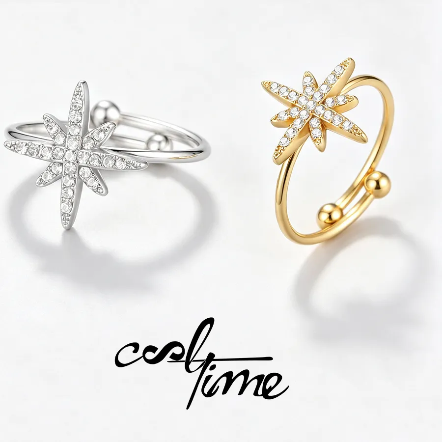 Authentic Cooltime North Star Ring Paved Starburst Open Ring Adjustable Polaris Star Celestial Astrology Jewelry