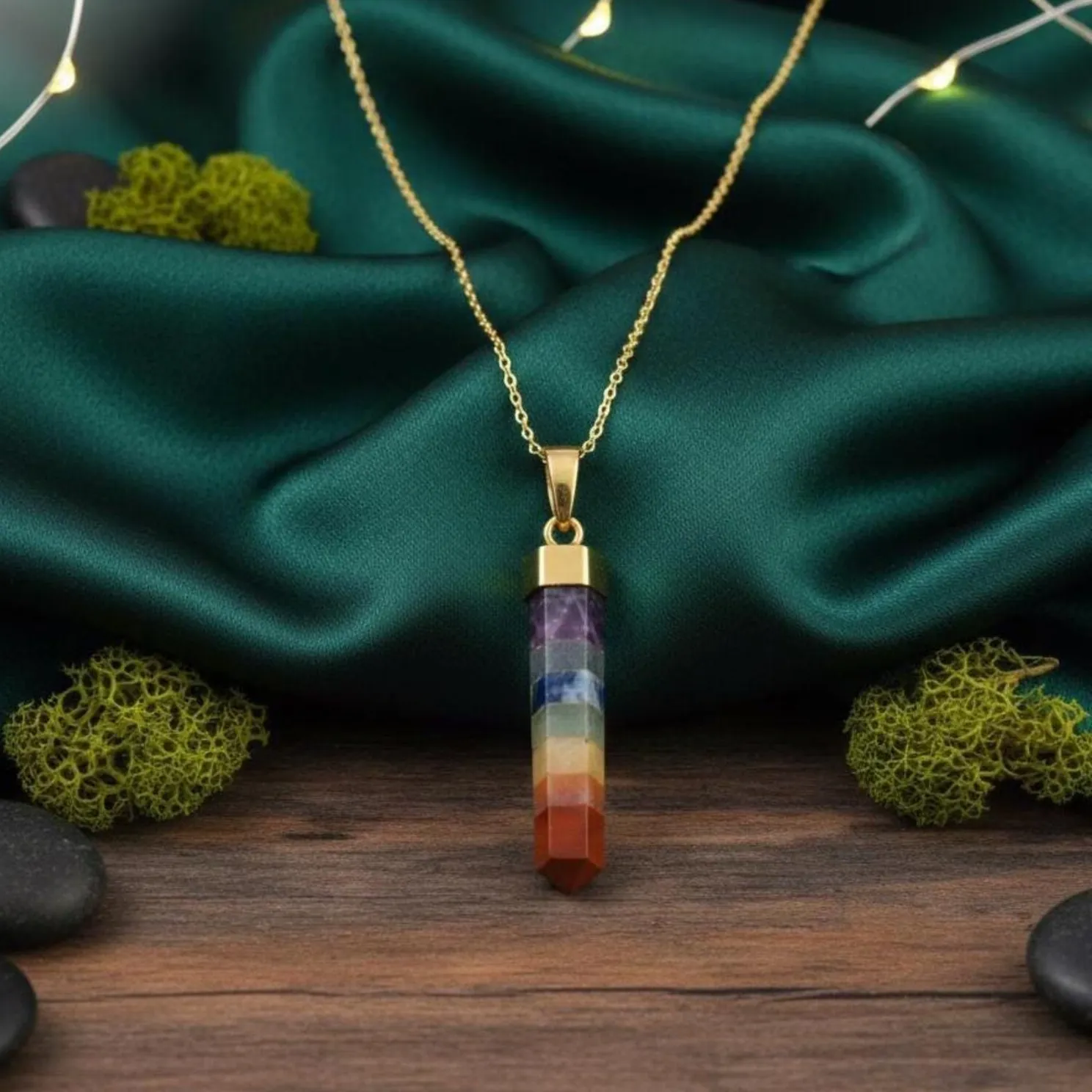 Authentic The Celestial Axis: Seven Chakra Gold-Plated Crystal Pendant