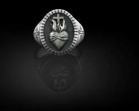 Authentic Sacred Heart Solid Metal Men's Ring 14K White Gold Plated Silver Free Pendant