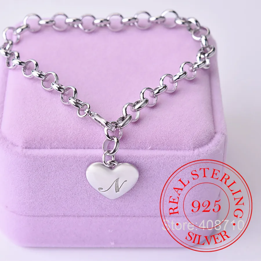 Authentic Punk Design 925 Sterling Silver A- Z Letter Heart Bracelets & Bangles Fine Jewelry Pulseras Mujer Moda 2021