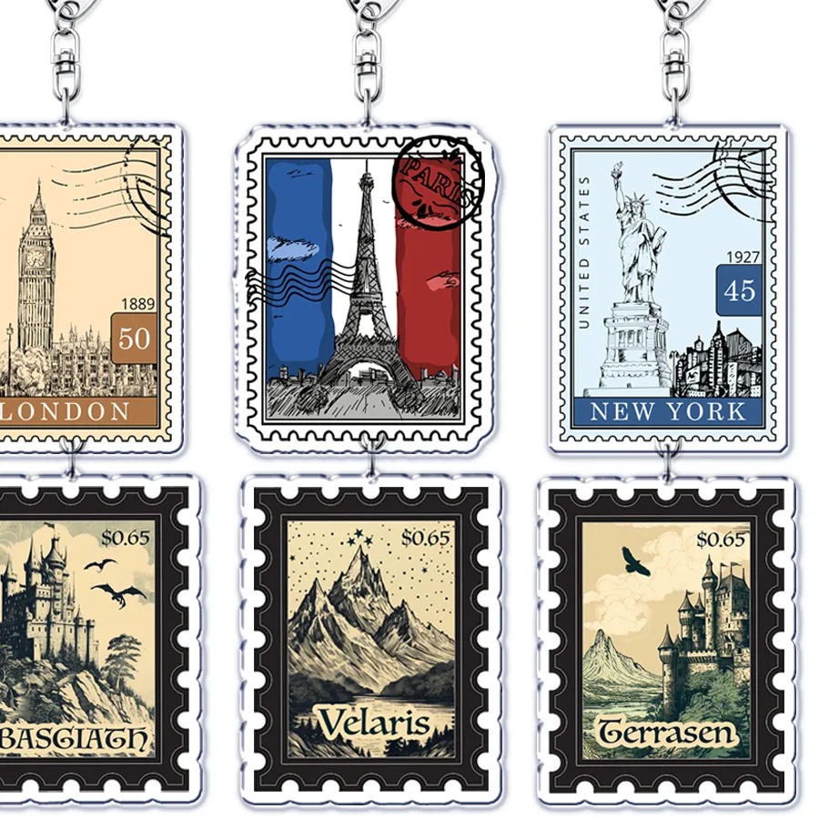 Authentic Travel Cites Souvenir Post Stamps Keychains For Accessories Bag Paris Eiffel Tower London York Keyrings Jewelry