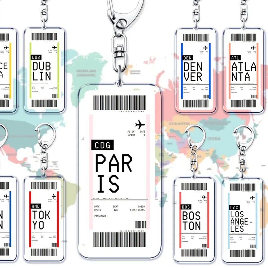 Authentic Plane Ticket Boarding Pass Keychain Boston Paris Tokyo York Keyrings For Accessories Bag Key Chain Ring Jewelry Travel