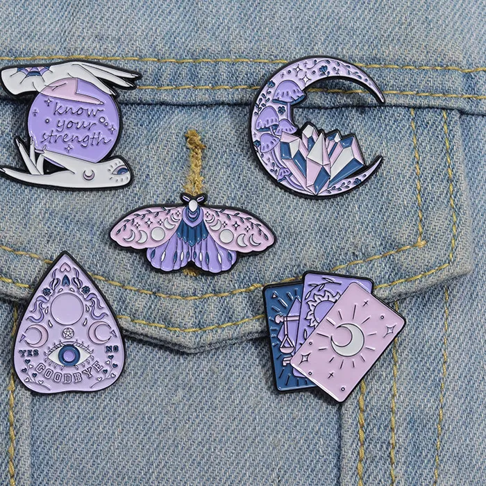 Authentic Purple Magic Tarot Enamel Pins Butterfly Brooches Lapel Badges Funny Crystal Moon Punk Jewelry For Kids Friends