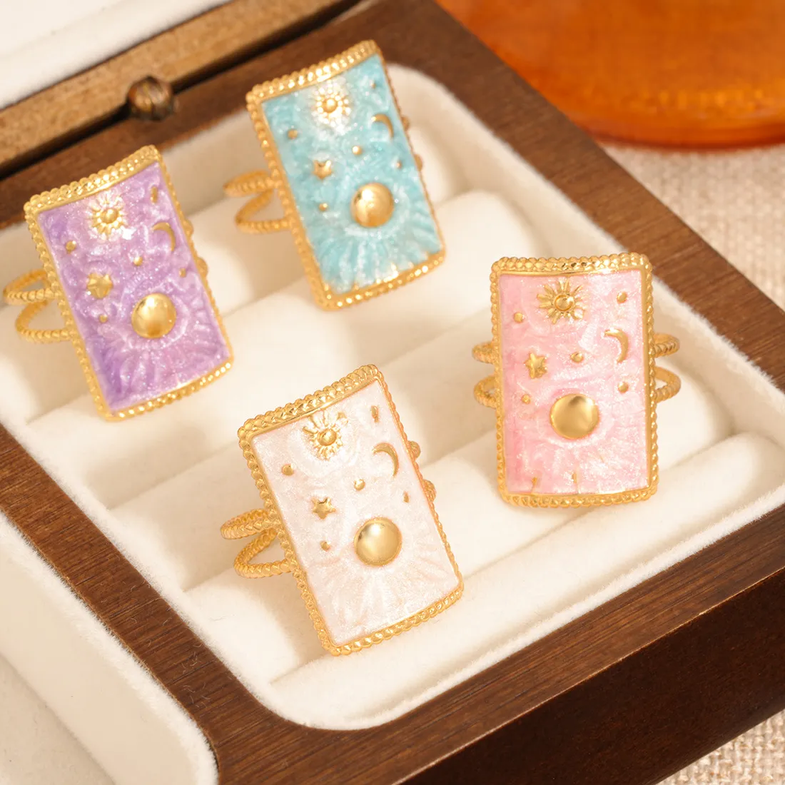 Authentic Ring Sun Moon Colorful Enamel Square Tarot Open Ring Exquisite Jewelry Accessories
