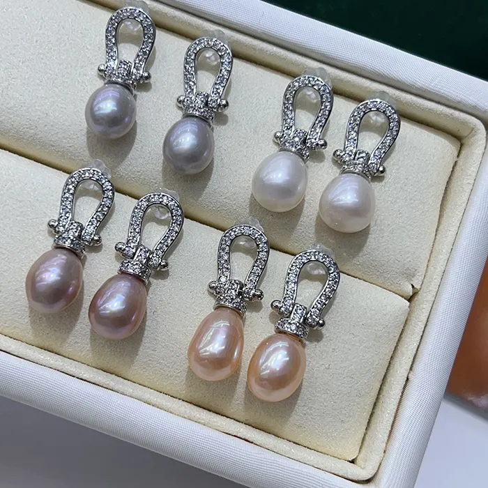 Authentic Pearl Drop Earrings Horseshoe Design Zircon Stud Earrings Elegant Jewelry