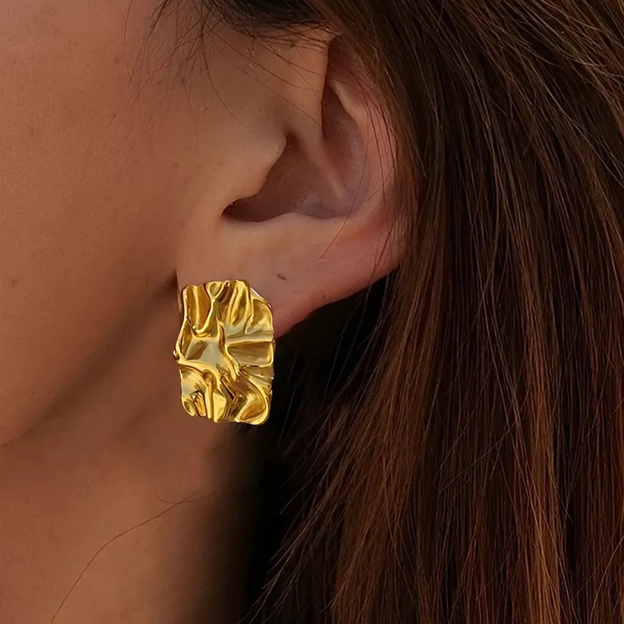 Authentic Gold Plated Hammered Rectangle Stud Earrings Statement Geometric Irregular Earring Creative Jewelry