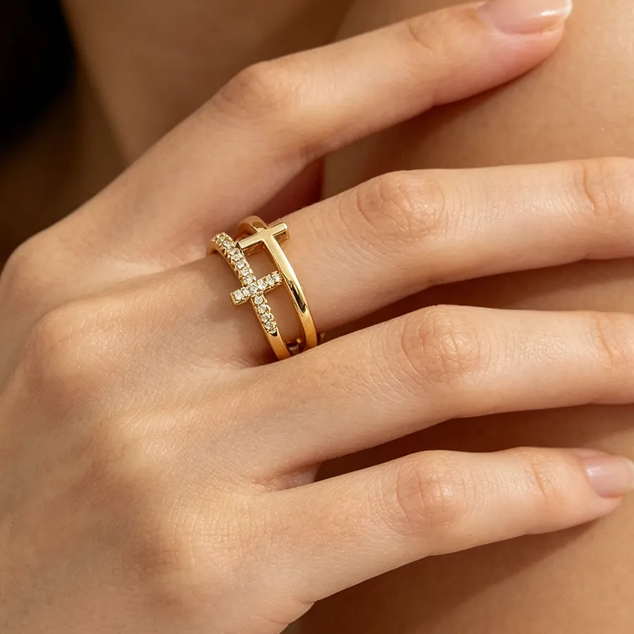 Authentic Gold Double Cross Zircon Ring, Shiny Zircon Inlaid Finger Ring Jewelry