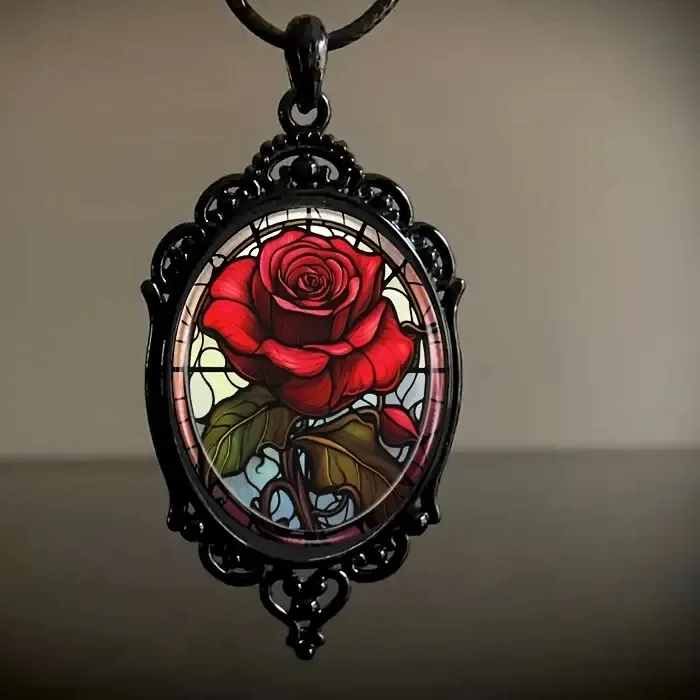 Authentic Chic 1Pc Black Floral Pendant Necklace- Glass With Elegant Frame- Ideal For Romantic & Special Occasionsin A Niche Style