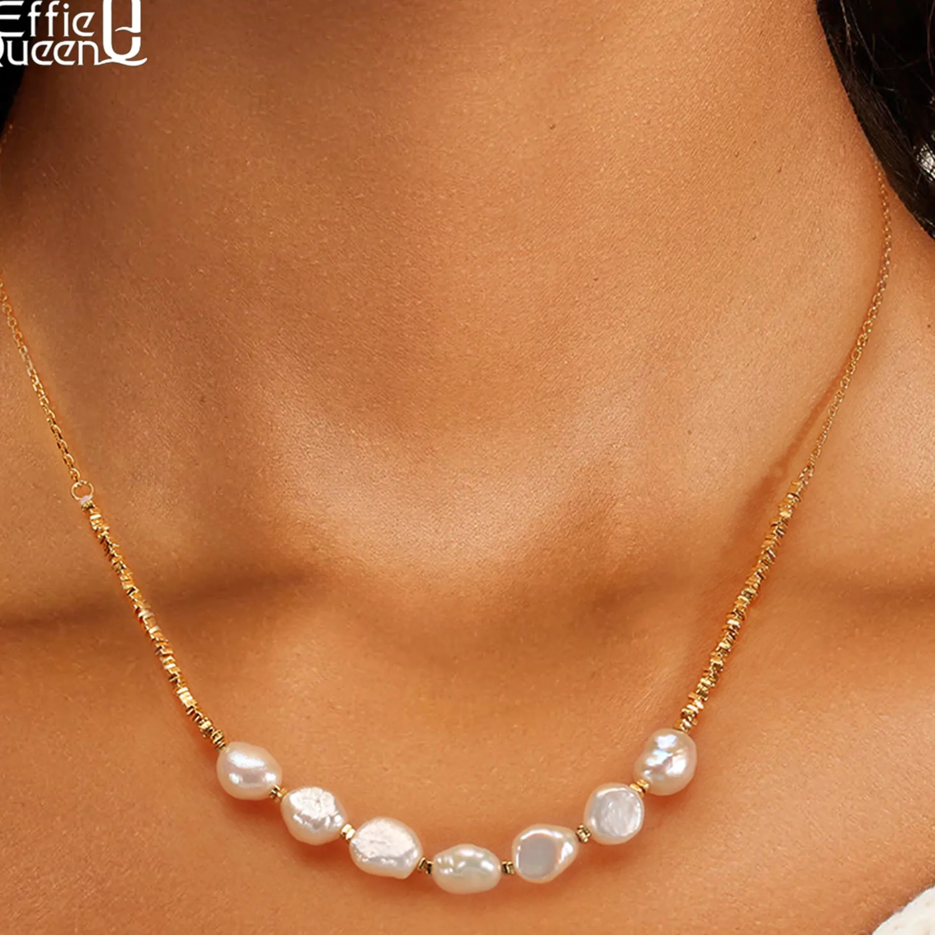 Authentic Effie Queen 925 Pure Silver 14K Gold Baroque Pearl Chain Choker Necklace Natural Jewelry Banquet Gpn69