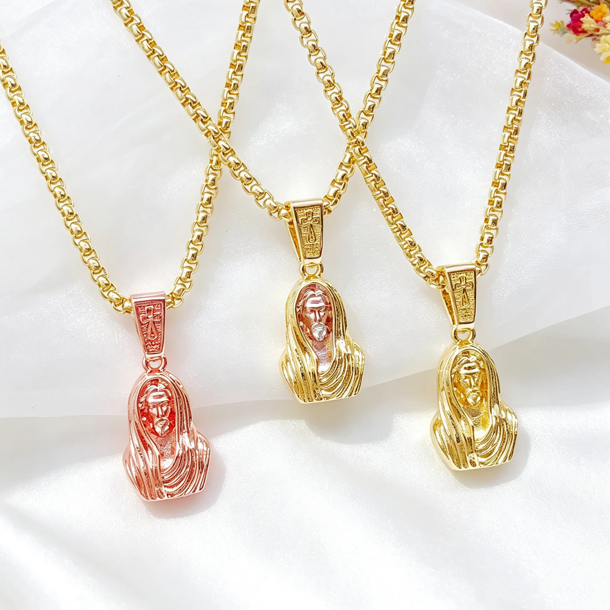 Authentic Gold- Plated 3D Thick Jesus Portrait Chain Necklace Classic Religious Faith Jewelry Prayer