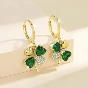 Authentic 18K Gold Plated Green Gems Four Leaf Clover Drop Earrings Good Luck Women Gift