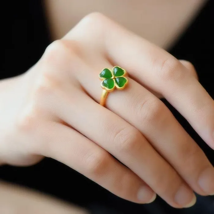 Authentic Natural Green Jade Four-Leaf Clover Ring 18K Gold Plated Accessories
