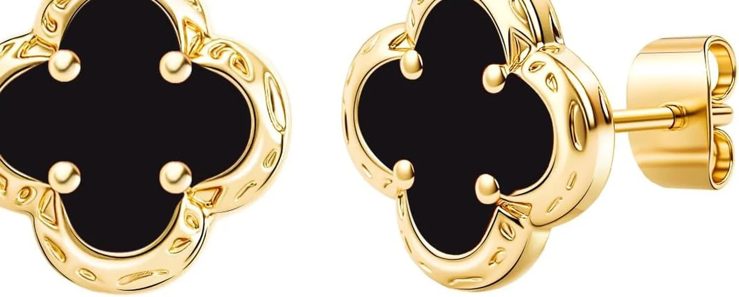 Authentic Elegant Black Onyx Clover Stud Earrings, 14K Gold Plated Four Leaf Hypoallergein