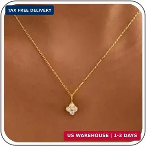 Authentic Birthstone Necklace for Women, Dainty 14K Gold Plated Four Leaf Clover Necklace