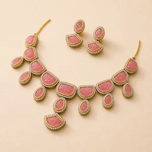 Authentic Rose Quartz Carving Polki Diamond Necklace Set: Dual Tone Gold Plated Vintage