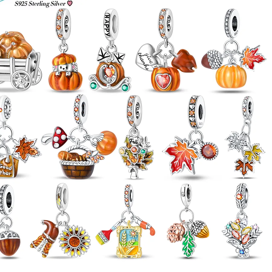 Authentic Autumn Equinox Bracelet Pumpkin, Maple, Pine Cone & Sunflower In Golden Sunset Beads