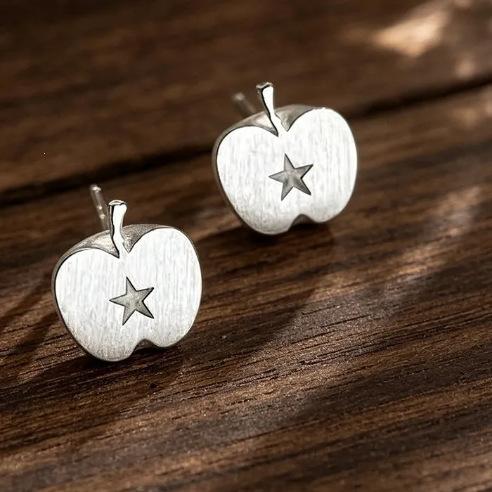 Authentic Brushed Star Apple 925 Sterling Silver Jewelry Exquisite Fruit Stud Earrings 31049