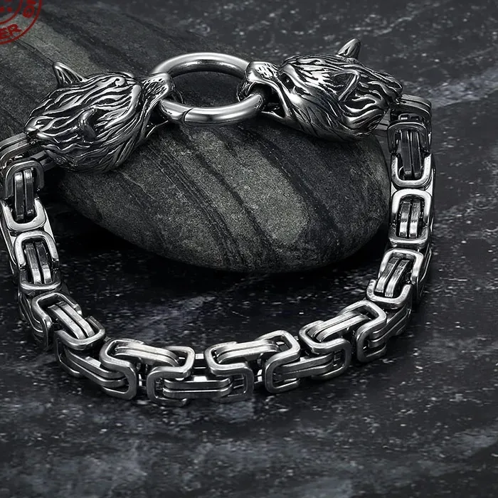 Authentic The Alpha Guardian S925 Sterling Silver Double Wolf Head Byzantine Chain Talisman