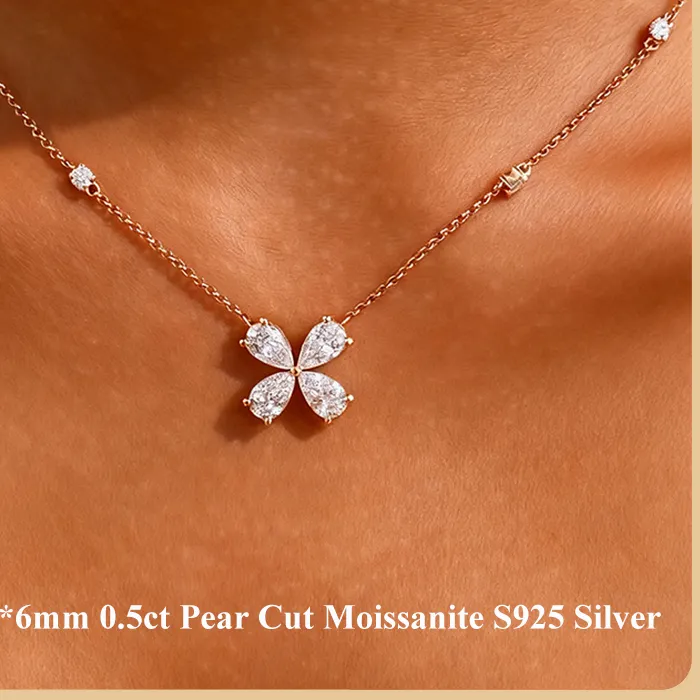 Authentic Ewya Clover Shape 0.5Ct Pear Cut Moissanite Pendant Necklace Woman All Diamond S925 Silver Dainty Stacking Neck Chain