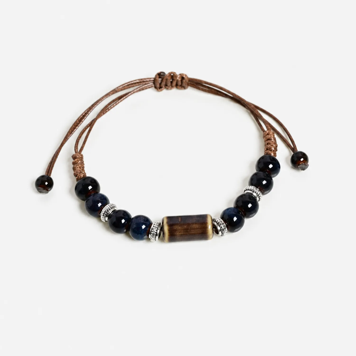 Authentic Royal Blue Handmade Ceramic Bracelet Adjustable Waxed Cord Braided Jewelry With Accents Artisan Bead Y260729- 19