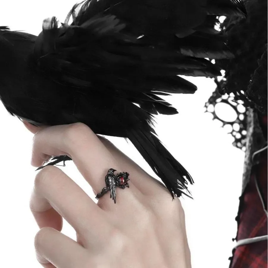 Authentic Love Black Raven Ring Adjustable Red Zircon Crow Cosplay Ring Jewelry Merch Artisan Rings Props