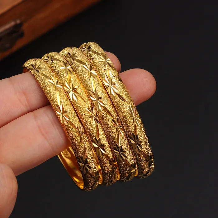 Authentic 4Pcs 24K Gold Color Bangle Dubai Bride Ethiopian Bracelet Africa Arab Jewelry