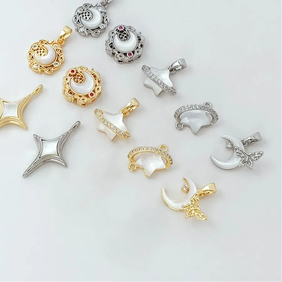 Authentic 18K Gold- Plated, Zirconium- Inlaid, Mother- Of- Pearl, Star, Moon And Saturn Pendant, Handcrafted Diy High- Quality Accessory
