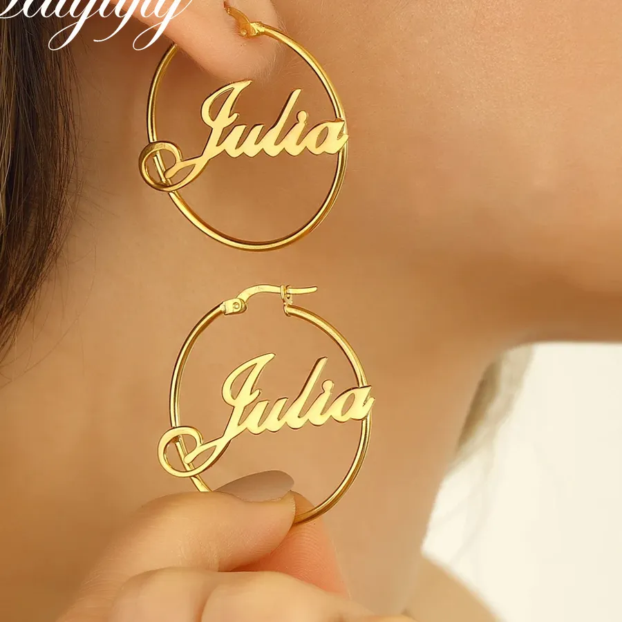 Authentic Haiyufly Personalized Custom Name Earring Girls Hoop Earrings Mother Kids Christmas Jewelry