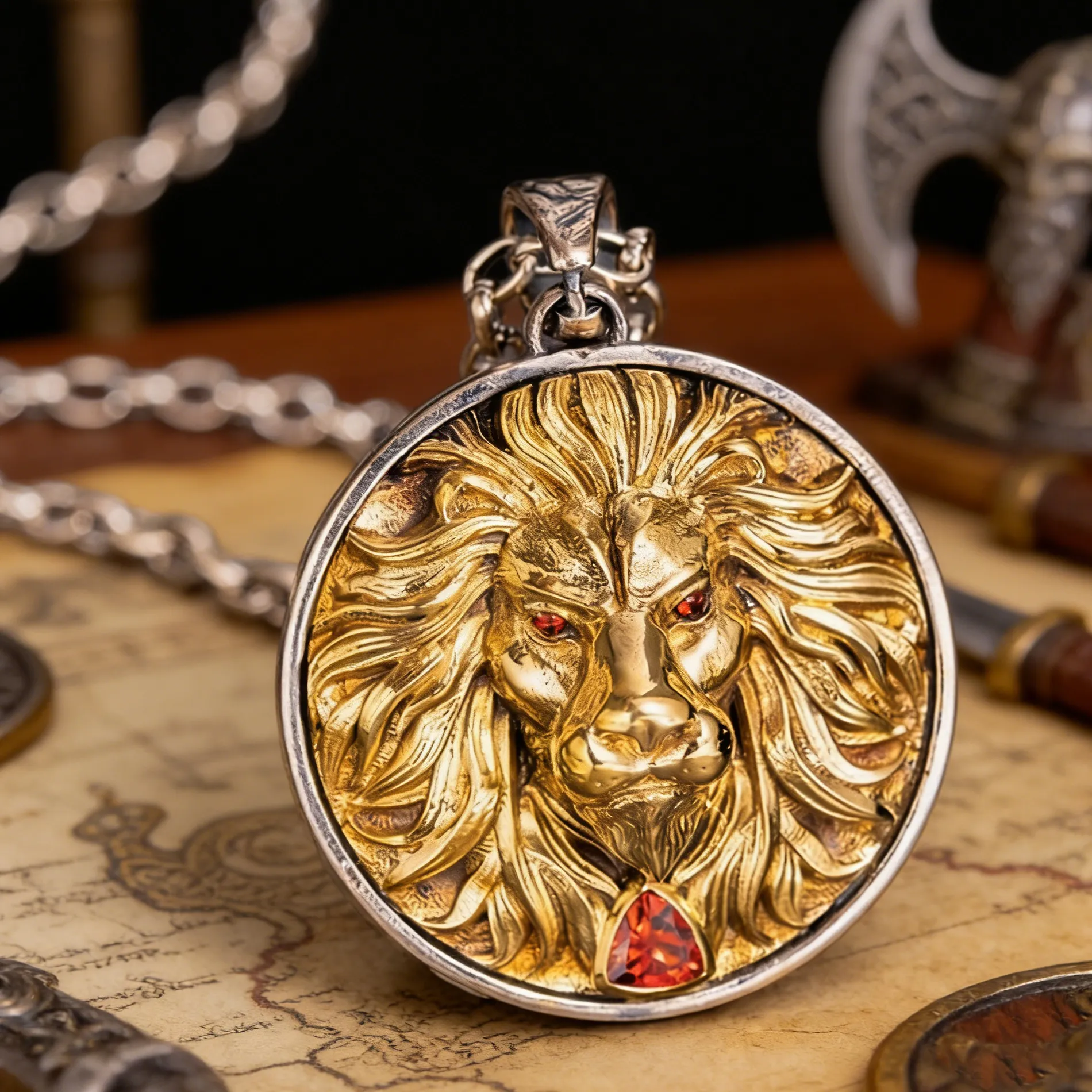 Authentic Lion Head Pendant Necklace Two Tone Red Cubic Zirconia Totem Medallion Necklaces Punk Male Amulet Jewelr