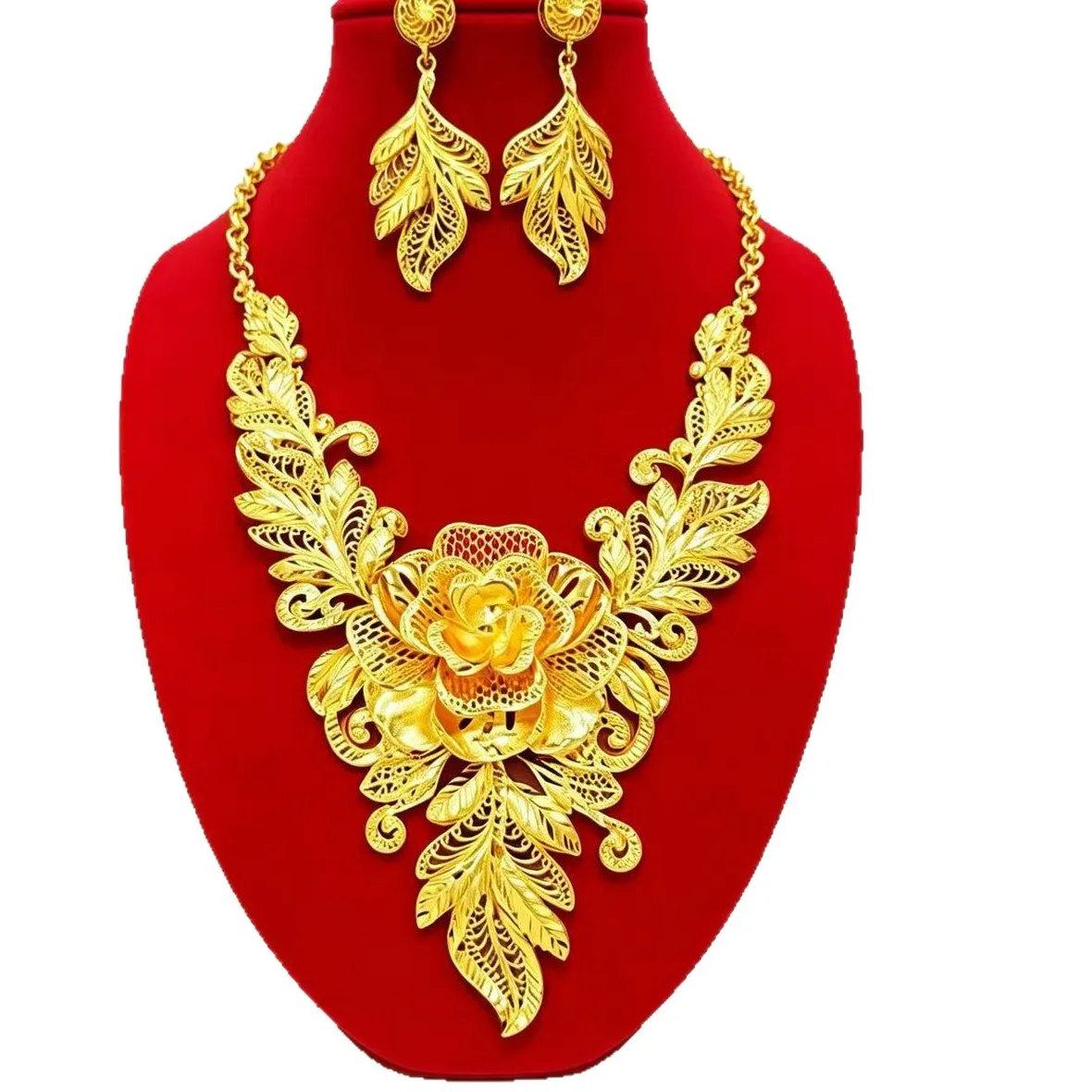 Authentic High End Dubai 24K Gold Plated Necklace Earrings Romantic Jewelry 888