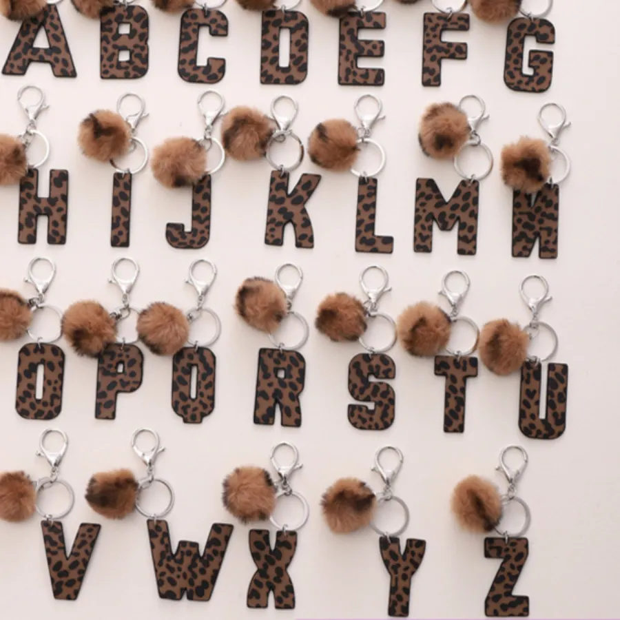 Authentic 1Pc Cheetah Print Key Chains A- Z English Capital Letters Tag Keychains With Bobble Woman's Keychains Jewelry Accessories