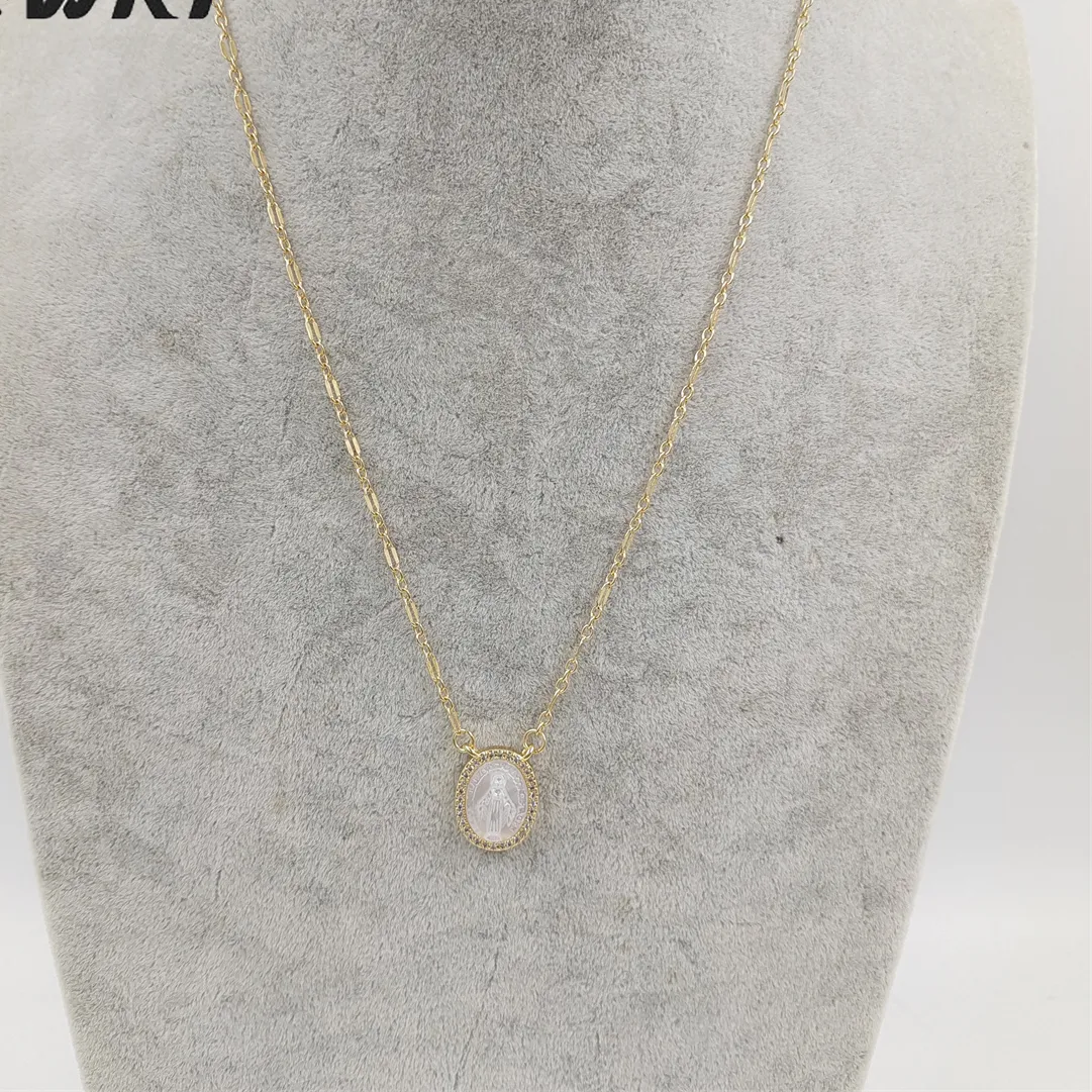 Authentic Wt- Jn218 Wkt Newest Exclusive Design Micropave Cubic Zircon Mop Shell Miraculous Religious Necklace Lady Of Guadalupe Acc