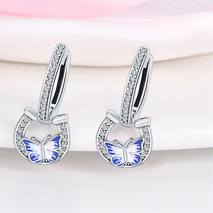 Authentic Earrings 925 Sterling Silver Classic Blue Horseshoe Hoop Earrings For Anniversary Jewelry