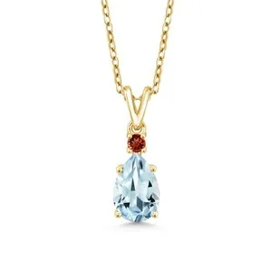 Authentic 18K Yellow Gold Plated Silver Aquamarine and Garnet Pendant Necklace For Women